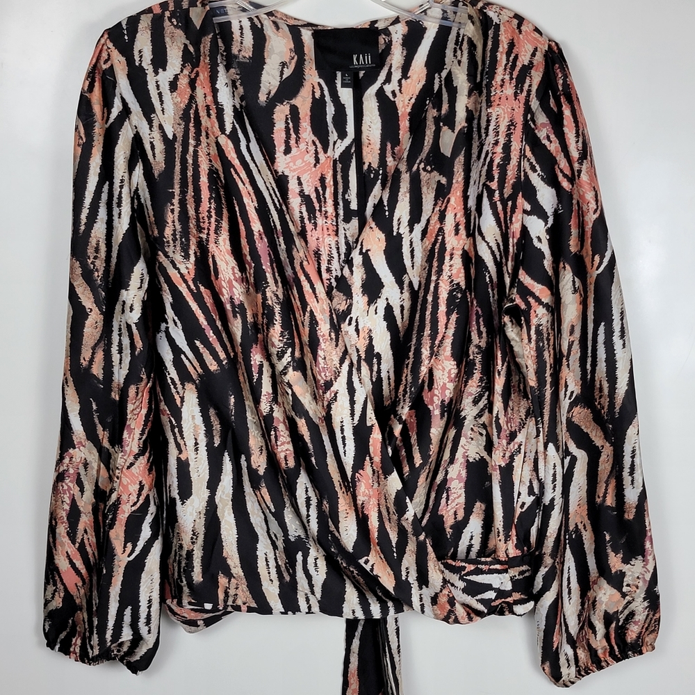 KAii Animal Print Deep V Neck Puffy Shoulder Drape Faux Wrap Top, EUC, sz Large